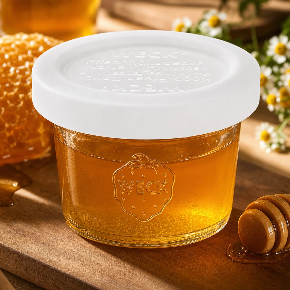 WECK 35 ml RR40-glas med honung i en naturlig miljö med bikakor och kamomill, äkta produktpresentation