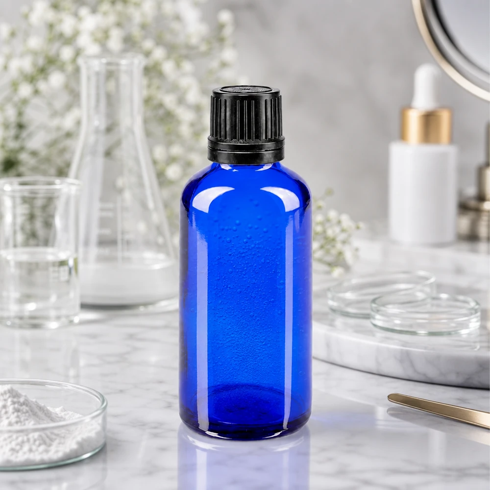 Blå 50 ml apotekerglasflaska med svart originalförslutning i en vetenskaplig laboratoriemiljö