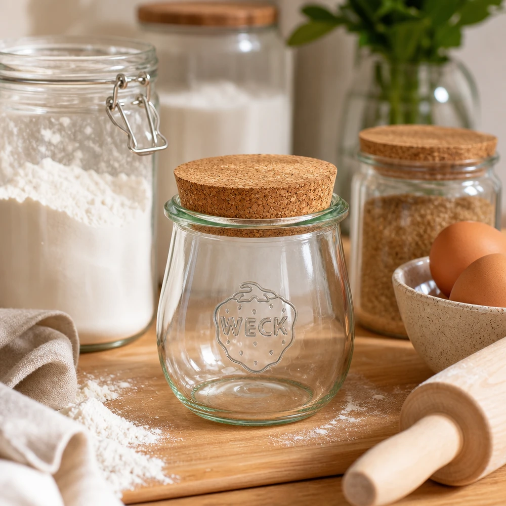 WECK tulpanburk 220ml RR60 med korklock i rustikt kök med bakingredienser mjöl och ägg på träbräda