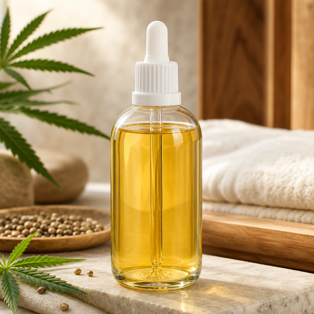 100 ml pipettflaska ClearLine med vit droppare och hampaväxt för användning med CBD-olja