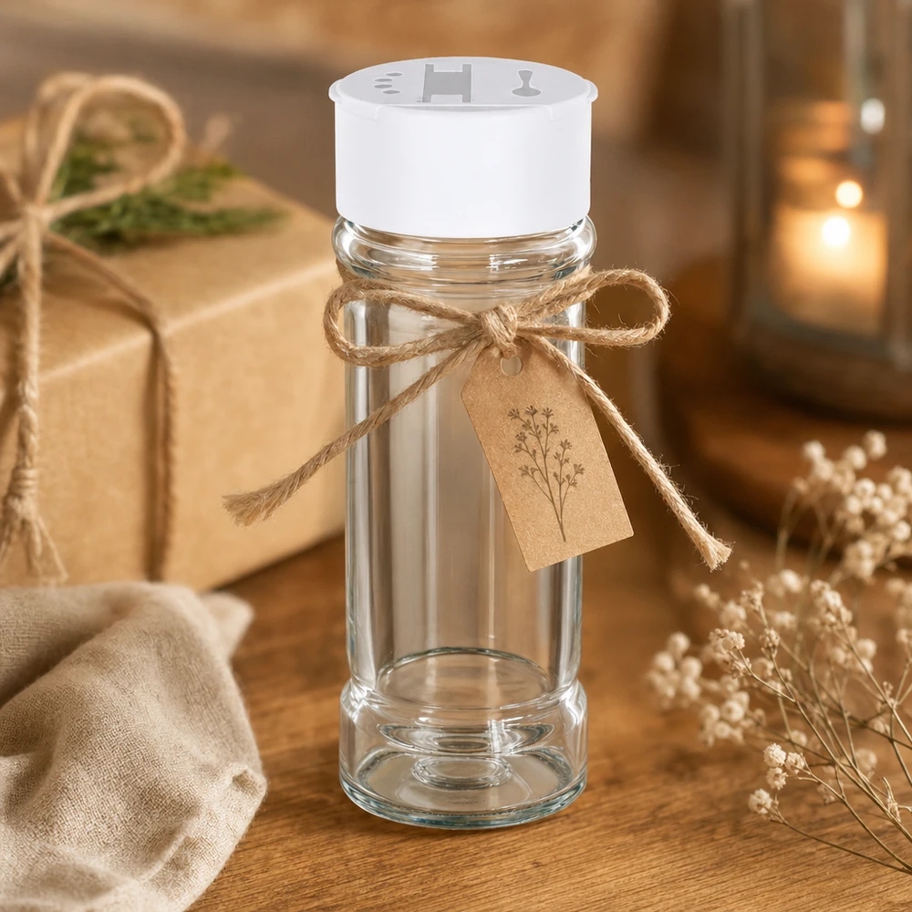 Salt- och kryddburk 100 ml med dubbel ströare, vit Salt- och pepparkar, 100 ml, med vit dubbelströare – en rustik present dekorerad med en juteslips