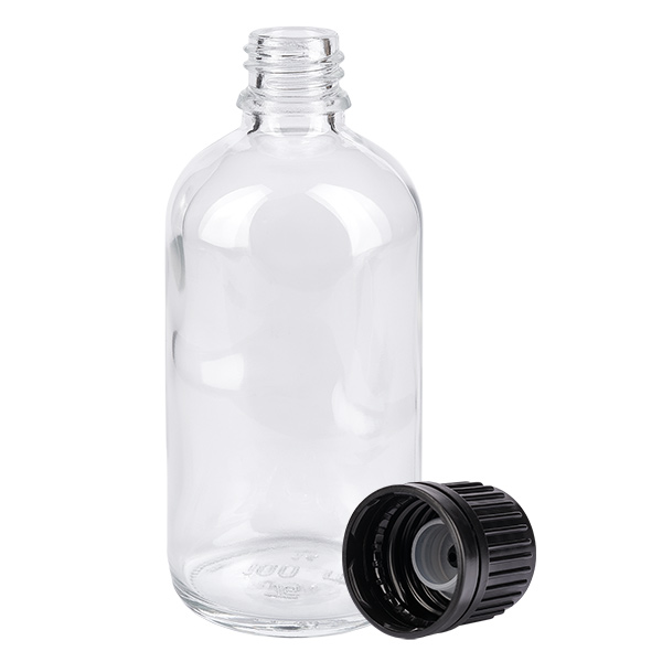 100ml globflaska 3mm hällring svart standardförslutning ClearLine UT18/1 Genomskinlig 100 ml globulflaska av klart glas med svart plastlock