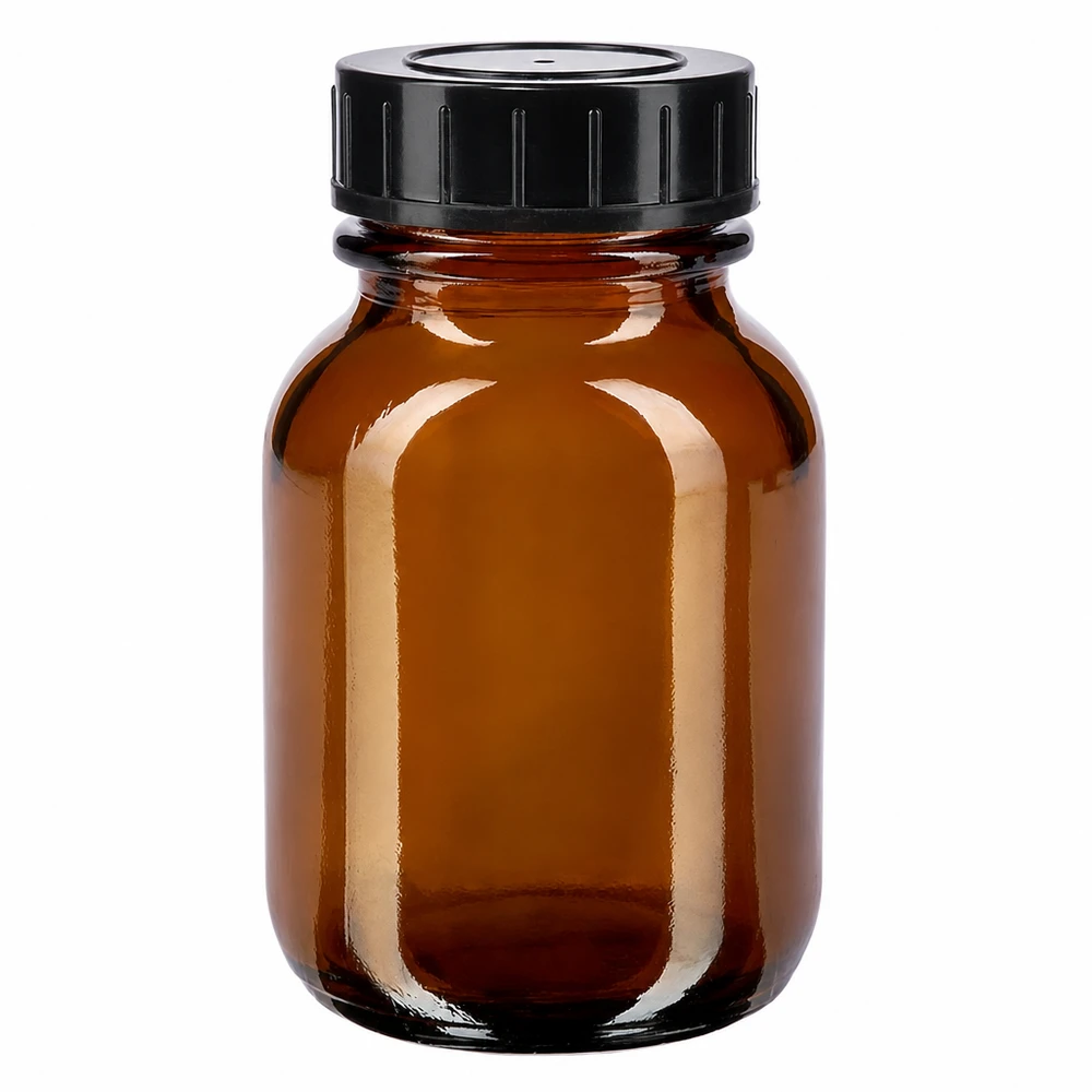 50 ml flaska med vid hals av bärnstensfärgat glas med svart skruvlock för säker förvaring