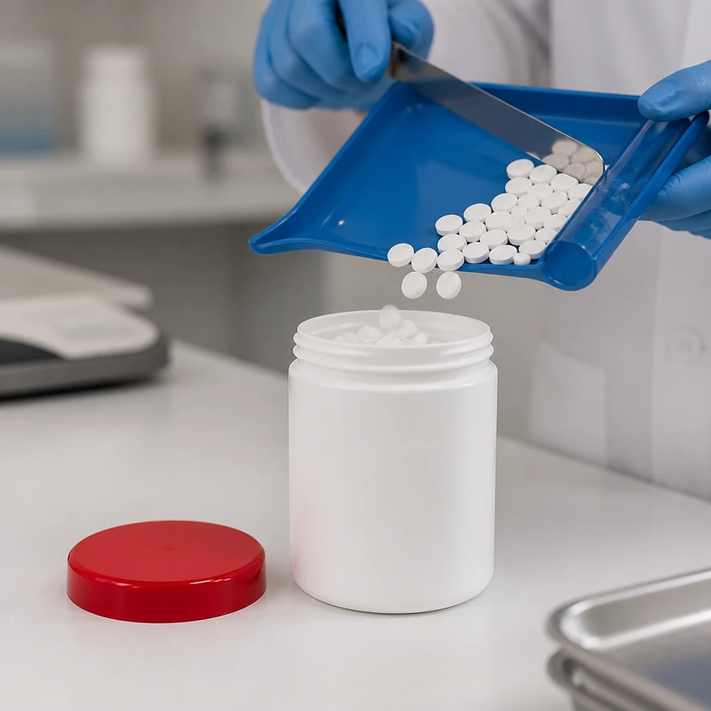 Apotekaren fyller en vit salvorburk på 100 g med tabletter med hjälp av en blå tablettskopa