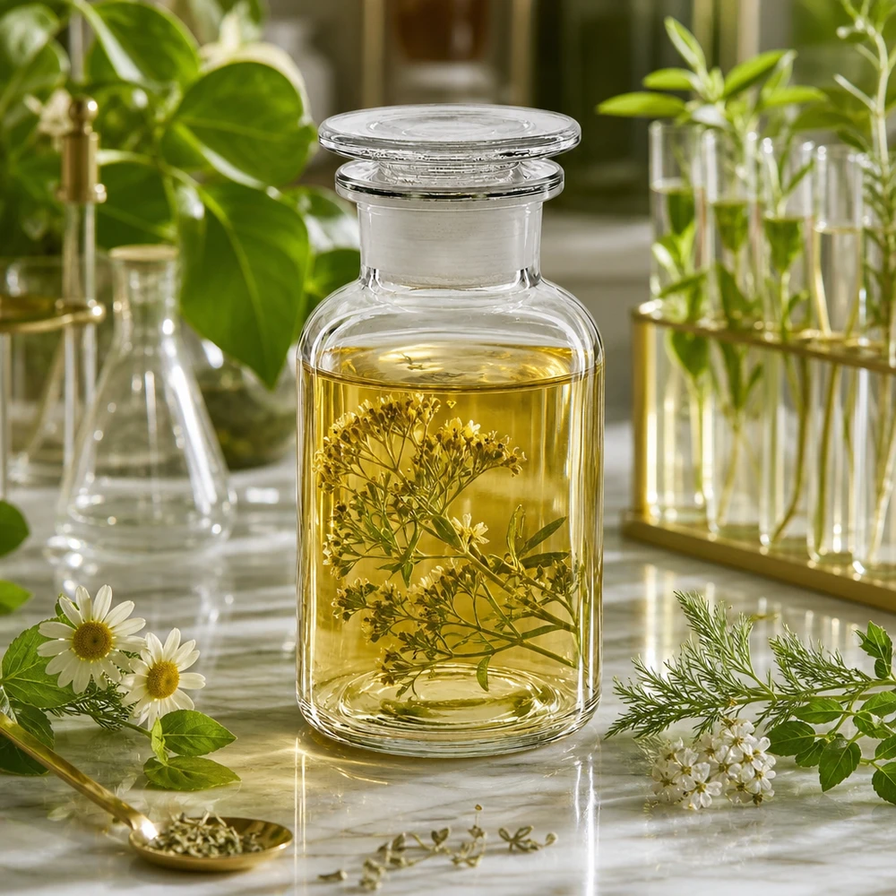 Genomskinlig apotekarflaska, 250 ml, med glaspropp och botaniska örter på marmor