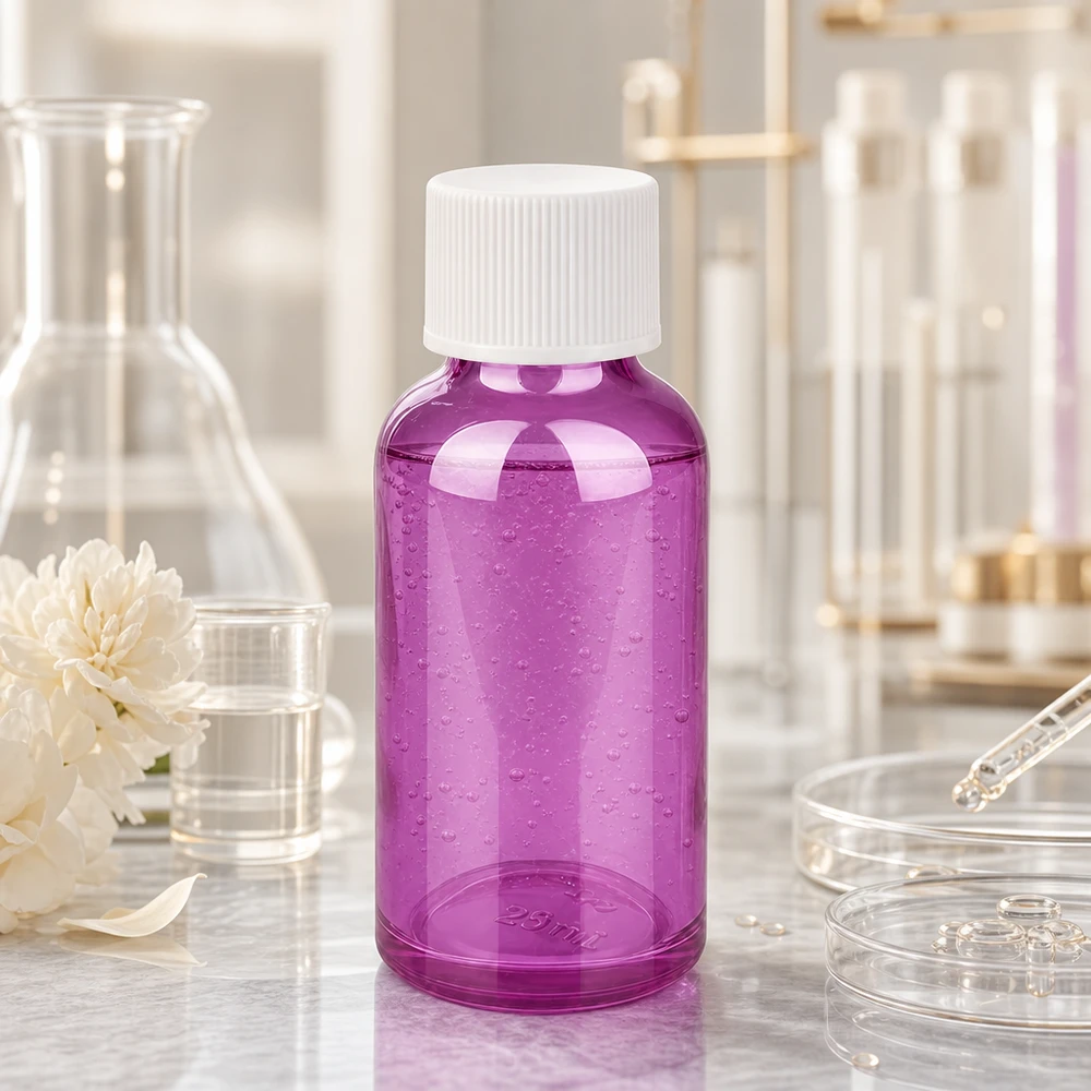 30ml flaska 11mm skruvkork vit standard PurpleLine UT18/30 Liten 30 ml laboratorieflaska i transparent violett med vitt skruvlock för prover