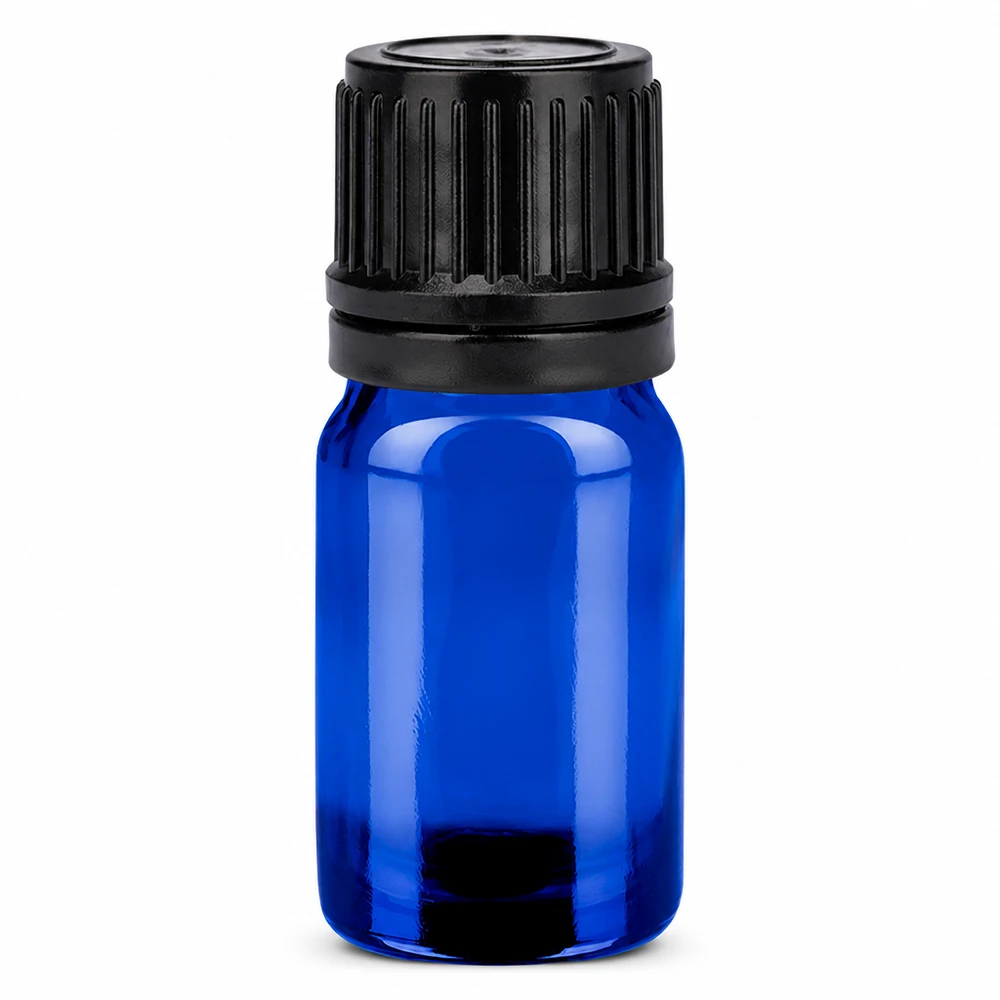 5 ml flaska 11mm skruvkork svart säkerhetslock BlueLine UT18/5 5 ml glasflaska blå med svart skruvlock för eteriska oljor och aromaterapi
