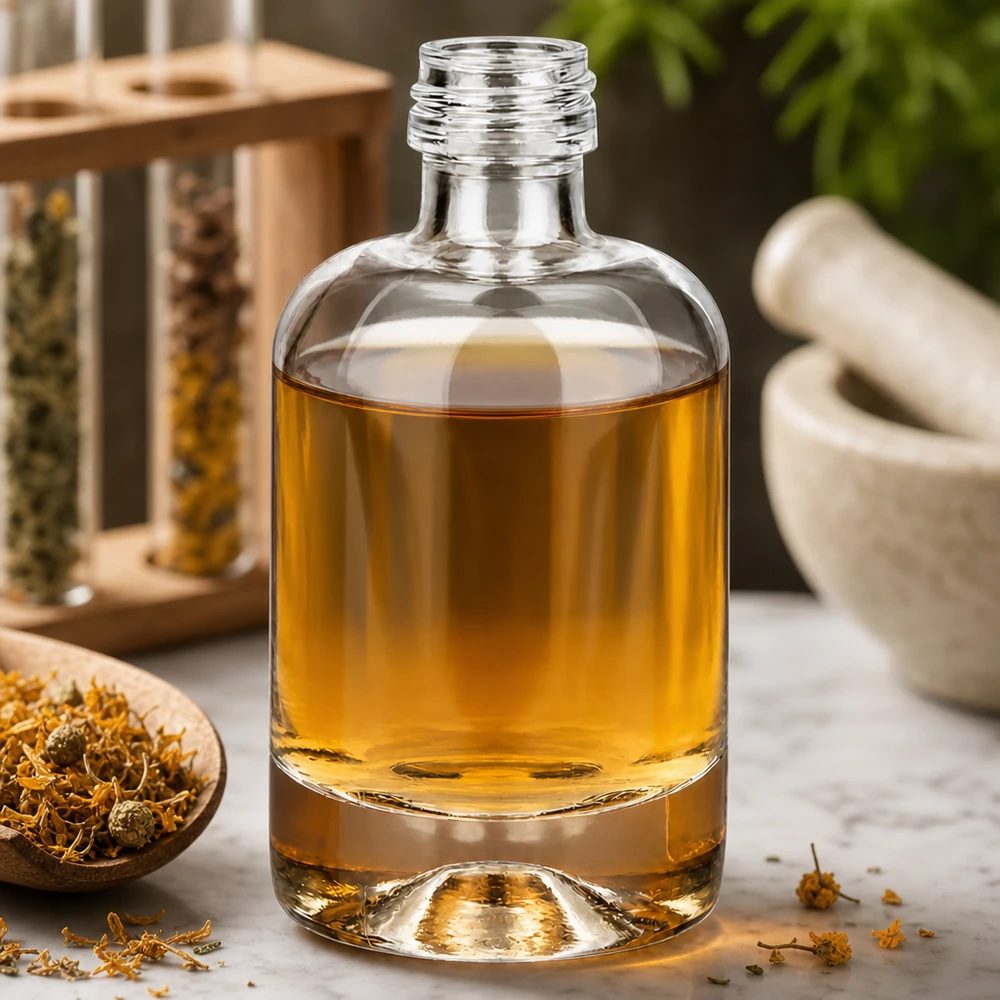 40 ml Sara-glasflaska med gyllengul vätska i en naturlig örtatmosfär med mortel och torkade blommor