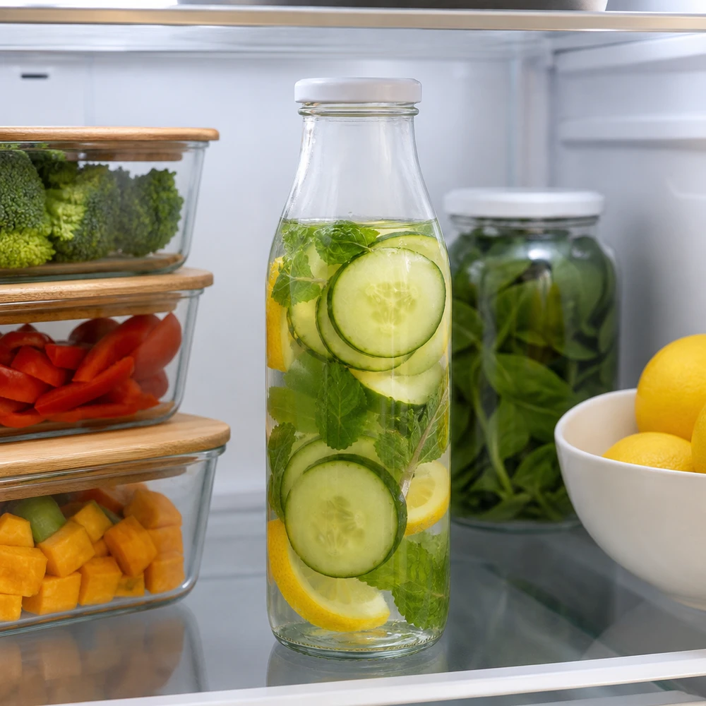 500 ml glasflaska + BasicSeal-lock vit UNiTWIST 500 ml glasflaska med vitt lock fylld med gurk-, citron- och mintvatten som förvaras i kylskåpet