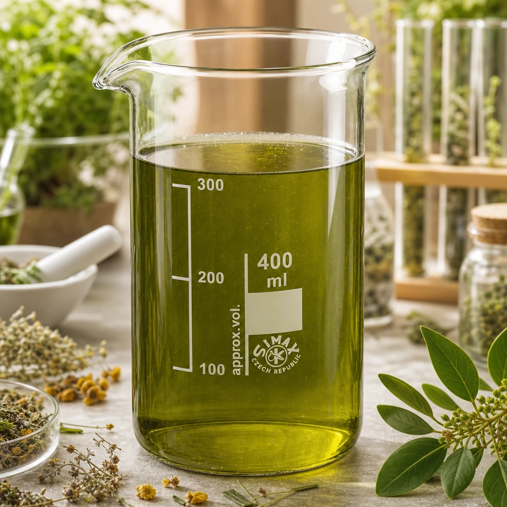 Bägare 400ml borosilikatglas, hög form 400 ml högt begerglas med grönt örtextrakt, omgivet av färska medicinalväxter och torkade blommor