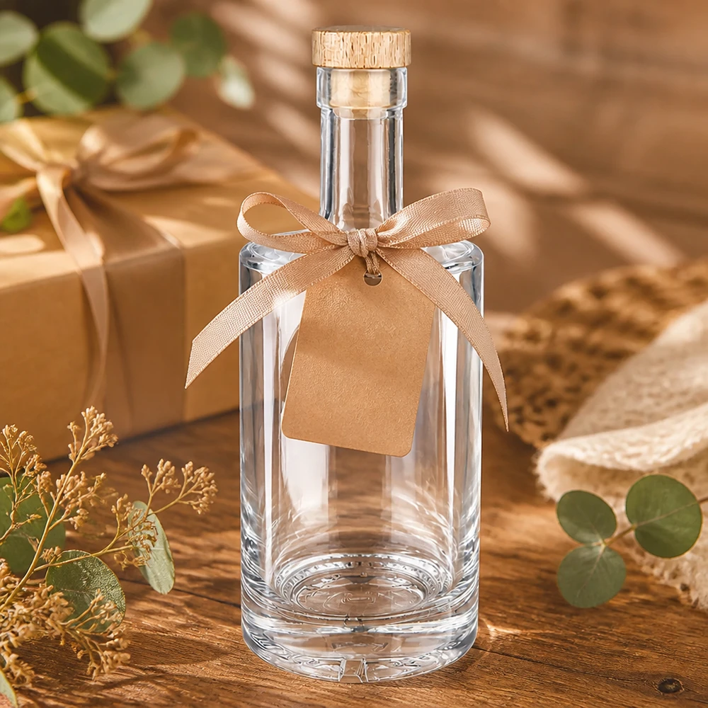 500 ml glasflaska Nora med kork med trähandtag UNiTWIST® 500ml glasflaska Nora presentförpackning med rosett kraftpapper tagg träkork UNiTWIST eukalyptus dekoration