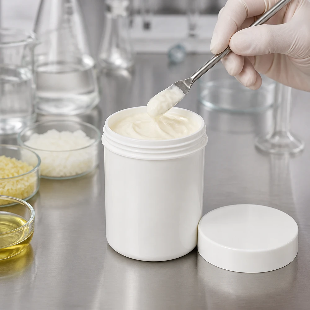 Salvburk 75g vit med vitt skruvlock (polypropylen) Apotekaren testar konsistensen hos en salva i en vit 75 g PP-salvburk med skruvlock