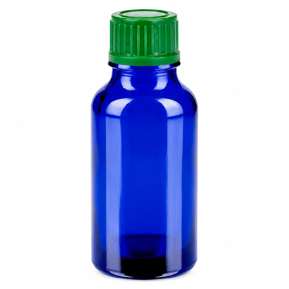20ml flaska 11mm skruvkork grön standard BlueLine UT18/20 20ml blå glasflaska med grönt skruvlock 11mm SV STD BlueLine UT18/20
