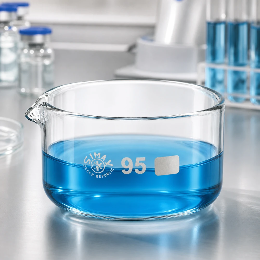 Blå vätska i en platt laboratorieskål, 300 ml, borosilikatglas, utlopp ø95 mm, SIMAX