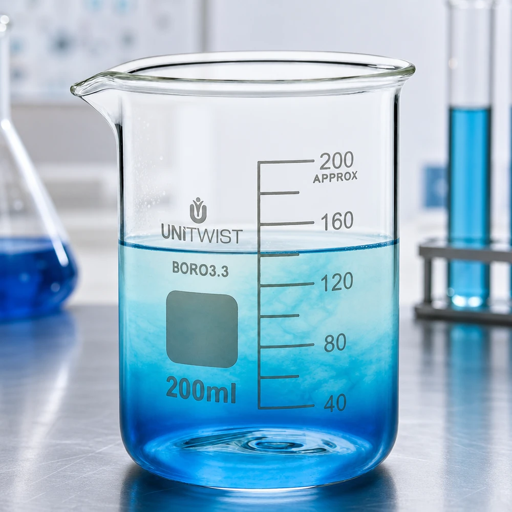 Bägare 200ml borosilikat, lågformad UNiTWIST Genomskinligt laboratoriebägareglas på 200 ml med gradering upp till 200 ml och utgjutning, tillverkat av borosilikatglas 3.3
