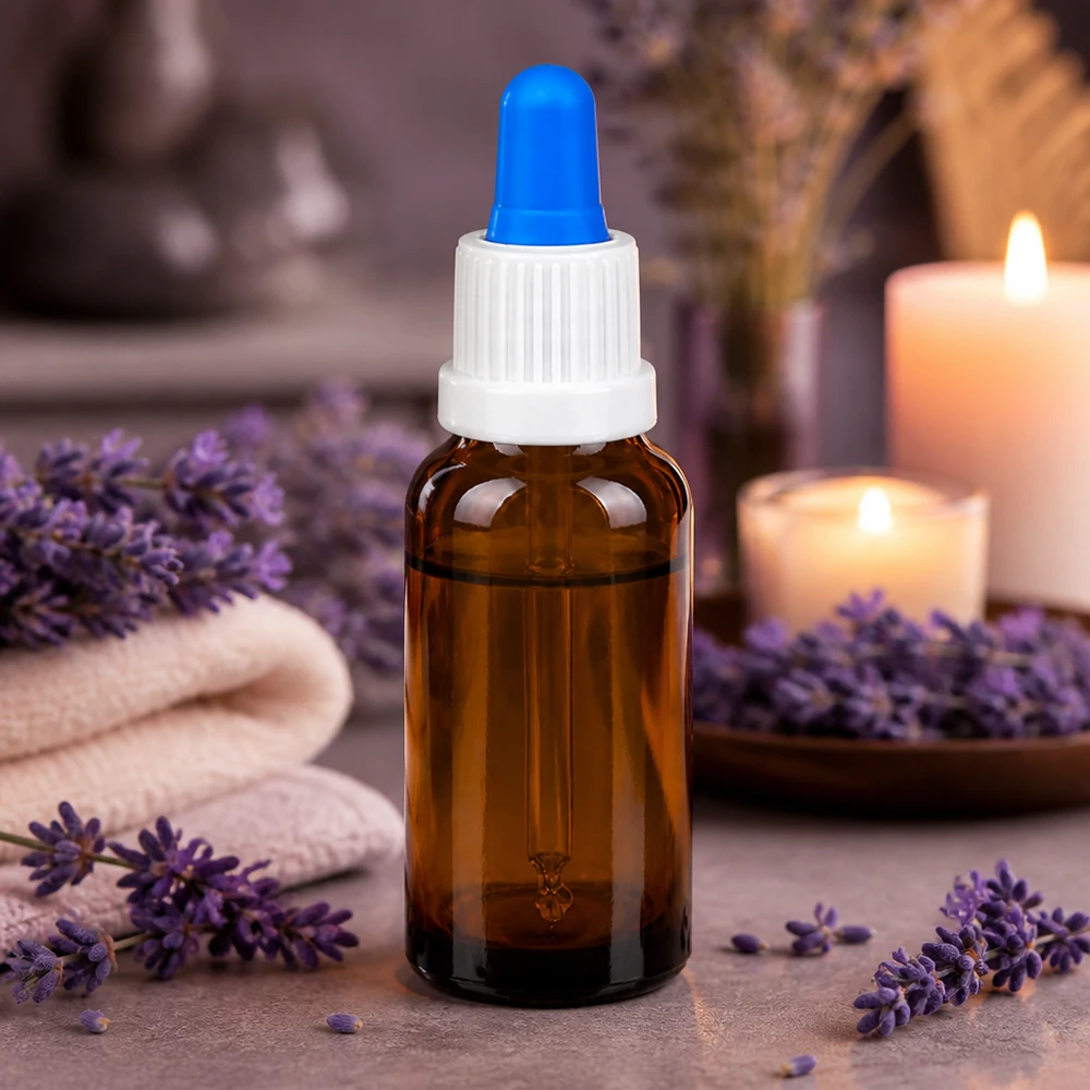 20 ml pipettflaska vit/blå med säkerhetsförslutning BrownLine UT18/20 20 ml bärnstensfärgad glasflaska med blå spets, idealisk för eteriska oljor och aromaterapi