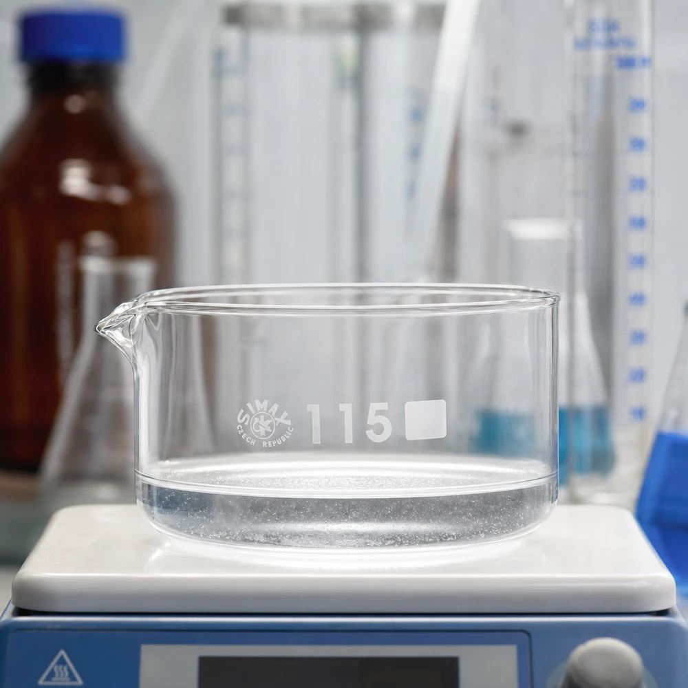 Tom kristalliseringsskål 500 ml SIMAX på magnetomrörare i laboratoriet, borosilikatglas, ø115 mm