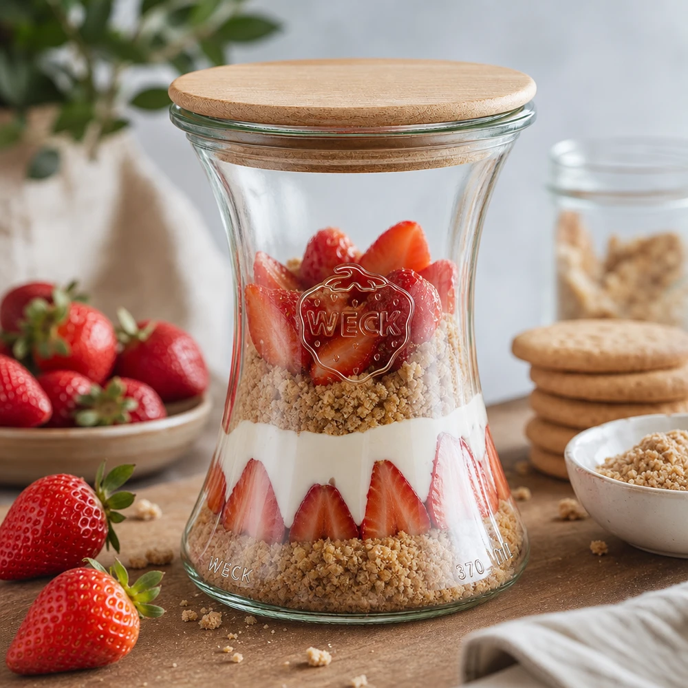 WECK delikatessburk 370ml RR80 med trälock fylld med jordgubbar, granola och yoghurt som en lagrad dessert