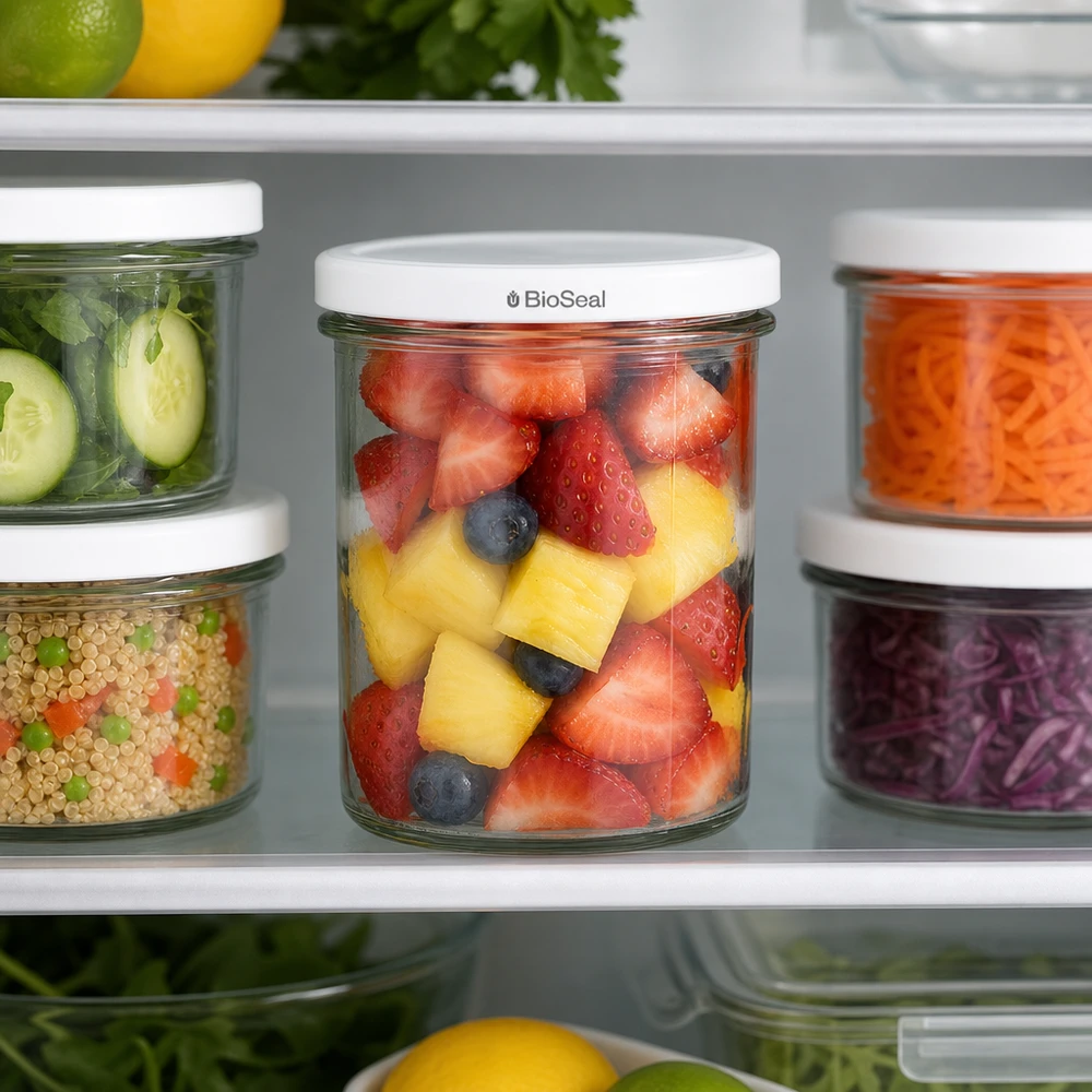 350 ml Krossade glasögon med vitt BioSeal-lock UNiTWIST UNiTWIST Sturz350 fylld med fruktsallad i kylskåpet visar optimal färskhet tack vare TO82 BioSeal-locket