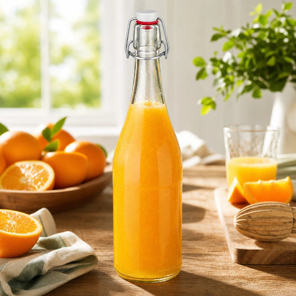 750ml glasflaska + svängbar topp PVC UNiTWIST 750ml Glasflasche Bügelverschluss mit Orangensaft befüllt Sonnenlicht Frühstückstisch frische Orangen vitaminreich