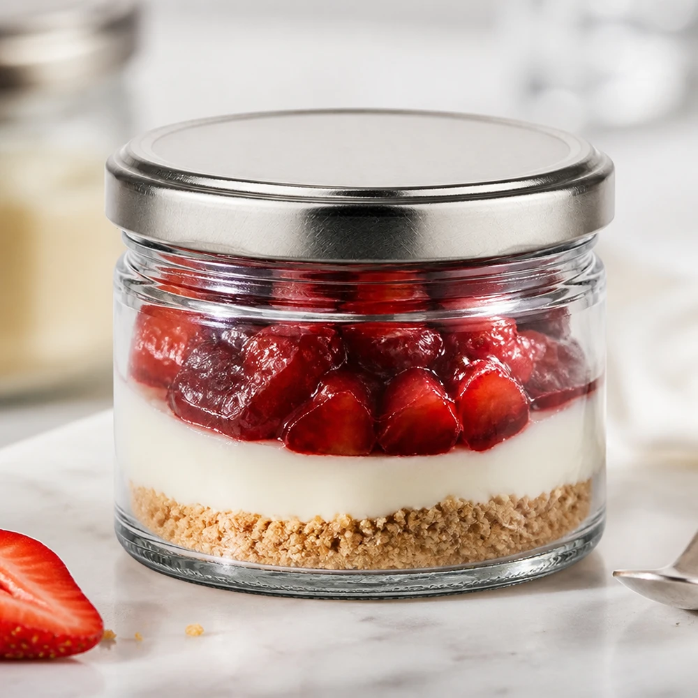 540 ml runt glas med silverlock som dessertglas till jordgubbscheesecake i glas, skiktad dessert