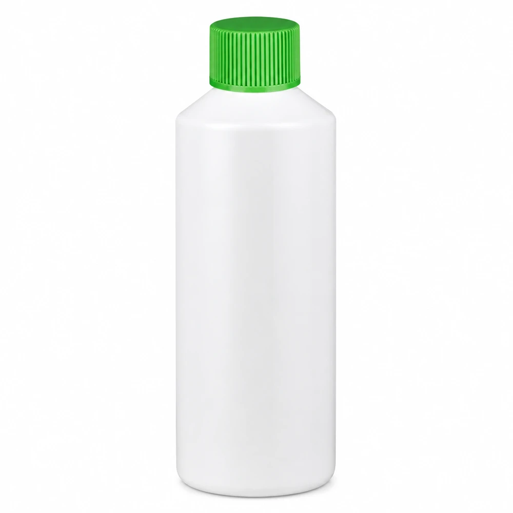 Apoteksflaska HDPE 100ml vit, med grönt skruvlock Apoteksflaska i HDPE, 100 ml, vit med grönt skruvlock, tillverkad av livsmedelsgodkänd plast
