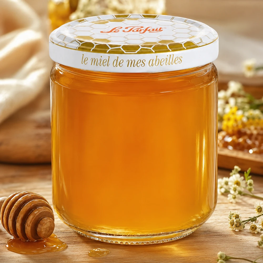 Le Parfait® honungsburk 212 ml Ø63 mm Le Parfait 212 ml honungsburk fylld med gyllene honung bredvid honungssked och kamomill på träbord