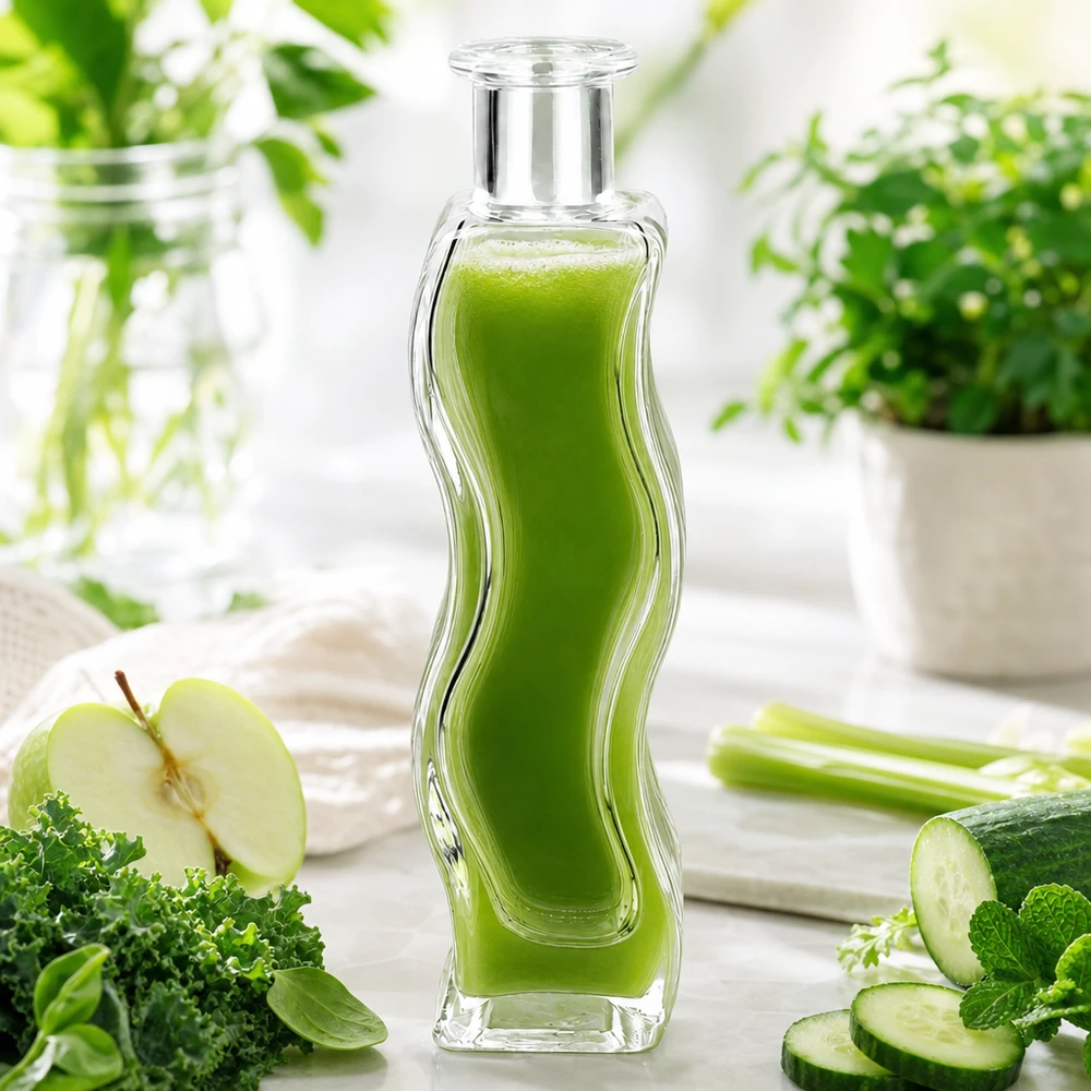 100 ml glasflaska Melissa utan förslutning UNiTWIST® 100 ml glasflaska Melissa fylld med grön smoothie omgiven av grönsaker, äpple, gurka och örter på ett vitt träbord