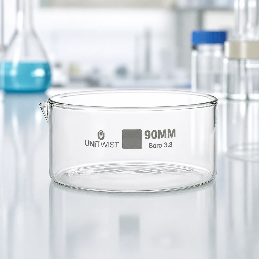 Kristallisationskärl ø90 mm, borosilikatglas UNiTWIST Tom kristallisationsskål, 90 mm, Boro 3.3-glas på vit laboratorieyta, UNiTWIST