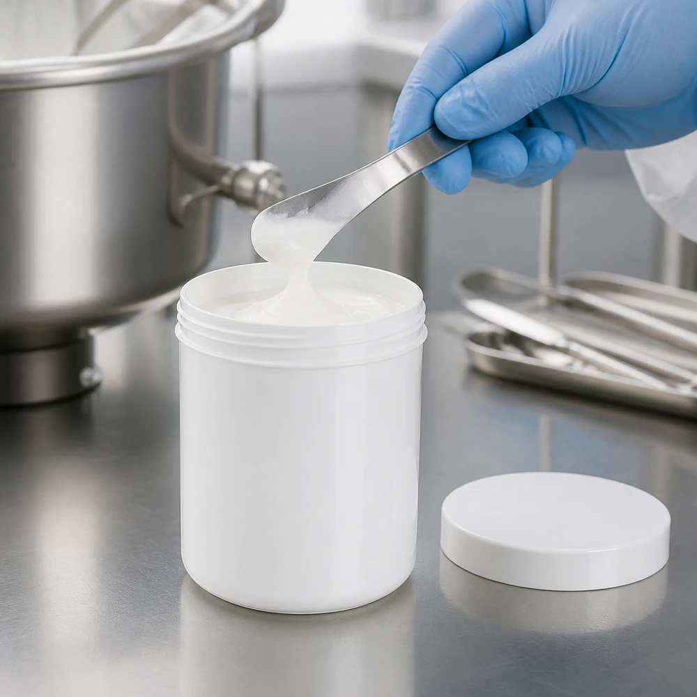 Stor salvorburk, 1000 g, vit, PP-plast, med spatel vid påfyllning i ett farmaceutiskt laboratorium