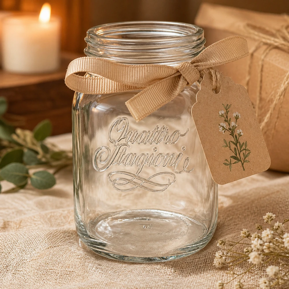 2000ml rund burk "Quattro Stagioni" QS110mm Elegantes 2000ml Quattro Stagioni Einmachglas mit Schleifenband und Anhänger für Küche und Dekoration