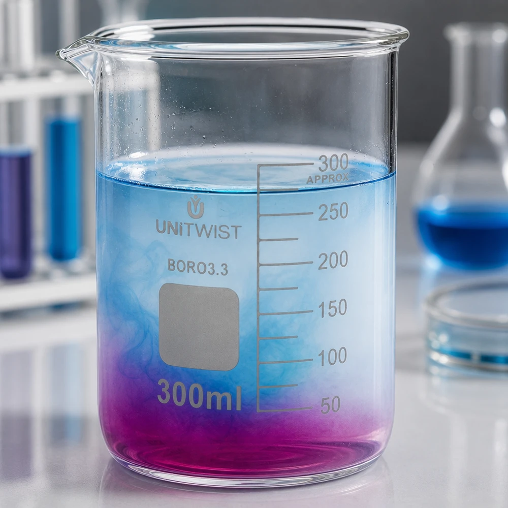 Bägare 300ml borosilikat, lågformad UNiTWIST Borosilikatglasbägare, 300 ml, låg form med blå-violett färgövergång i laboratoriet