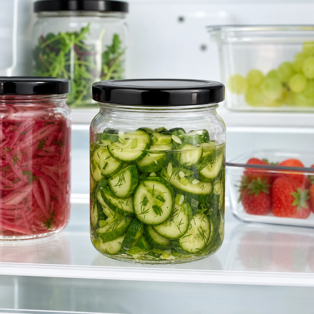 Rund burk 53 ml med lock BasicSeal svart UNiTWIST 53ml Rundglas mit schwarzem Deckel gefüllt mit eingelegten Gurken im Kühlschrank frische Konservierung Pickles