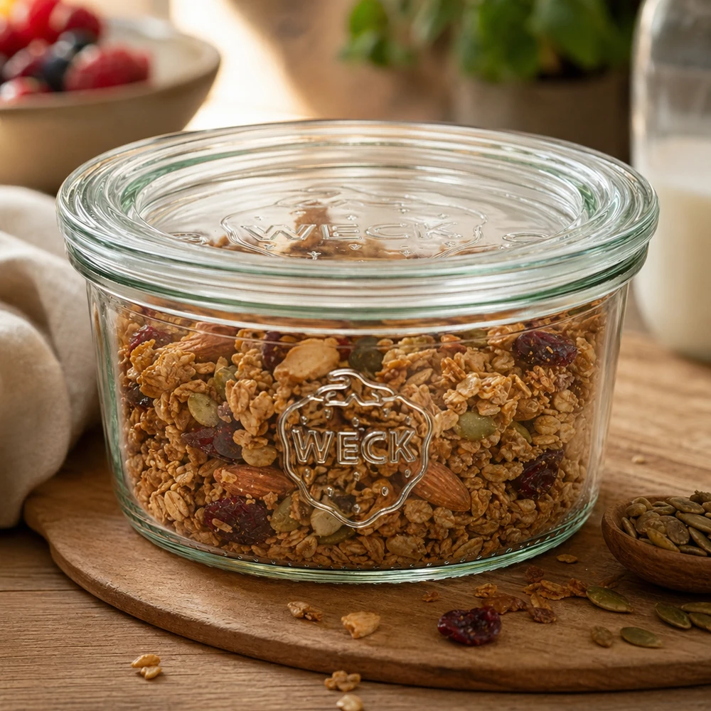 165ml Krossade glasögon med glaslock WECK RR80 WECK 165 ml RR80 murarburk fylld med müsli och torkad frukt på en rund träskiva för perfekt förvaring