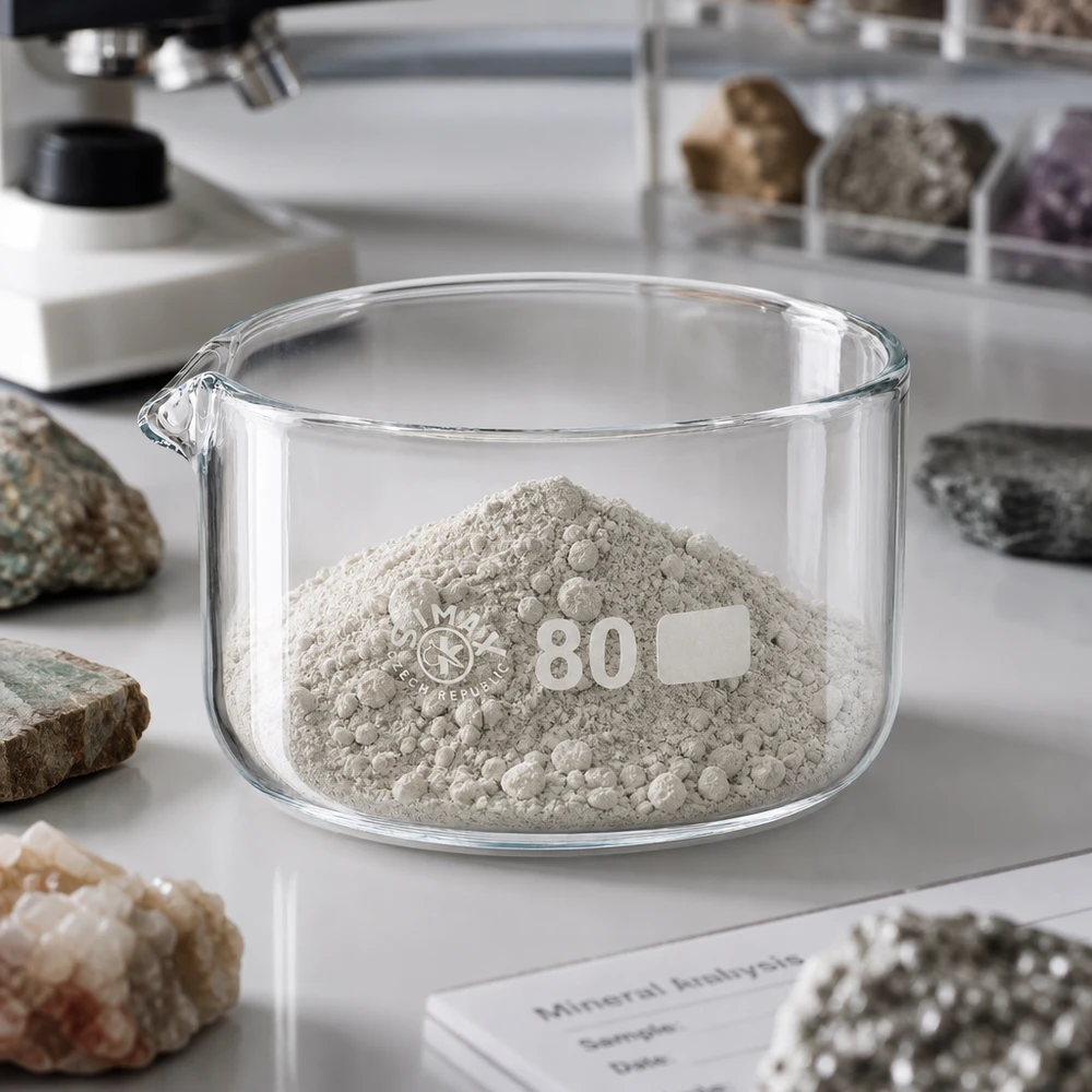 150ml kristalliseringsskål med pip borosilikat ø80mm Kristallisationsskål, 150 ml, med grått mineralpulver på en vit laboratorieyta, omgiven av bergartsprover, ø80 mm