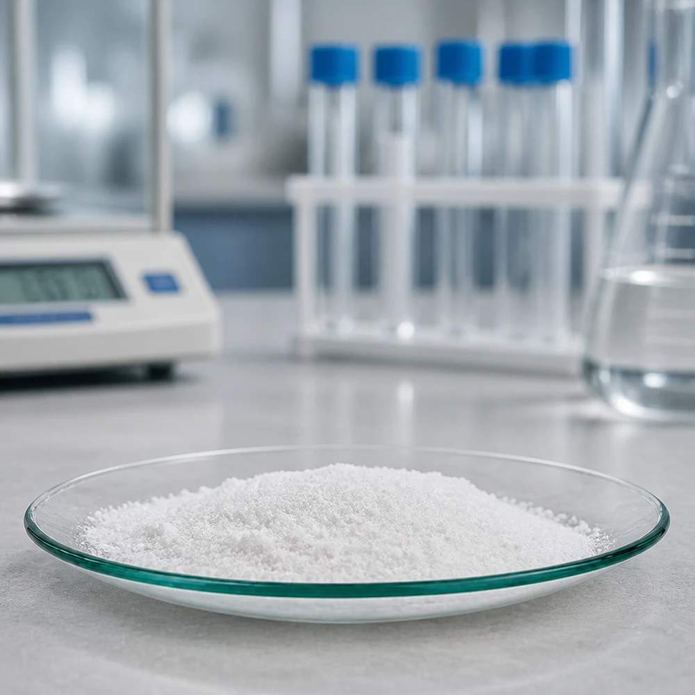 Klockformad glasskål ø90 mm Klocka glasskål Ø 90 mm med vitt pulver i en steril laboratoriemiljö med laboratorieutrustning i bakgrunden