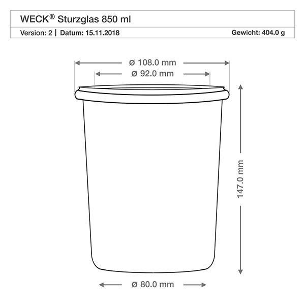 850 ml burk med glaslock WECK RR100 WECK dricksglas 850ml RR100 teknisk ritning mått dimensioner dimensioner 108mm diameter 147mm höjd produktspecifikation