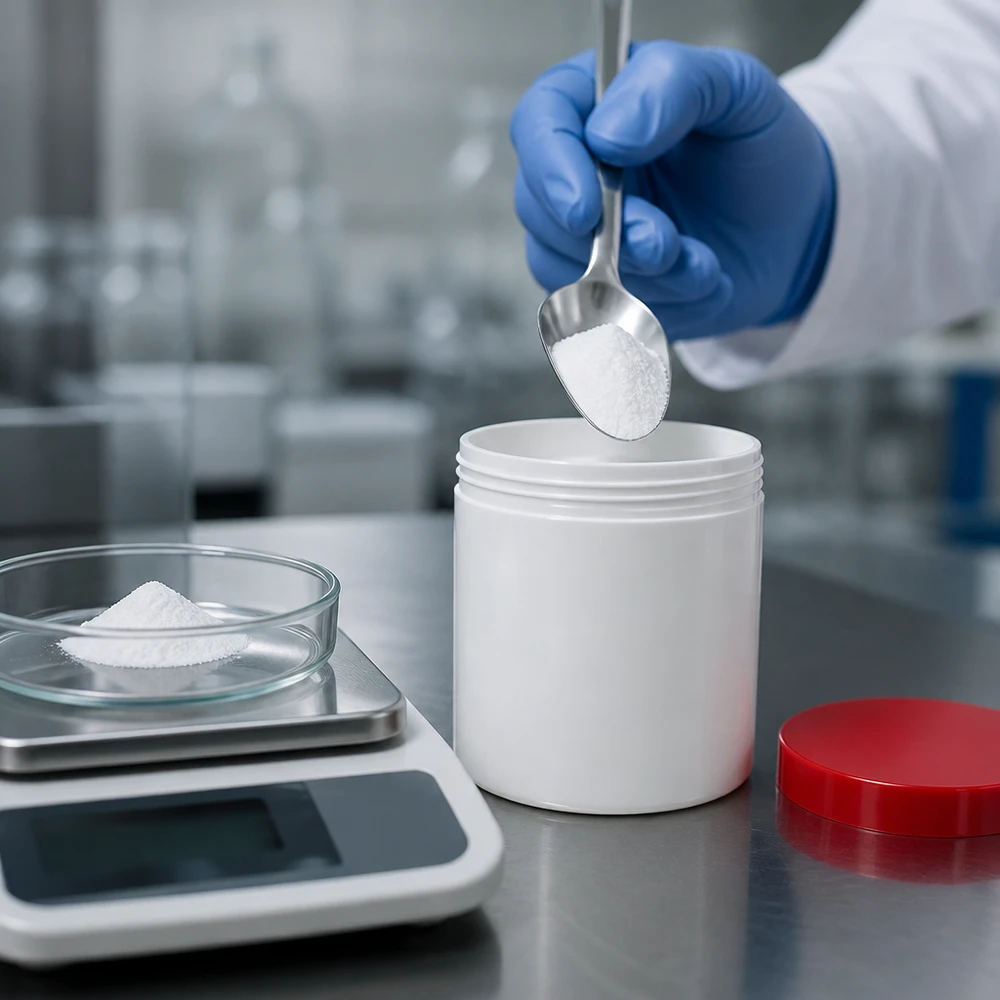 Salvburk 10g vit med rött skruvlock (polypropylen) Laboratorieteknikern fyller en vit 10 g-salvburk med ett rött skruvlock av PP-plast