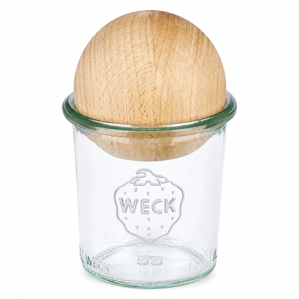 140 ml WECK RR60 Krossade glasögon med träkula i bok WECK 140 ml RR60 murarburk med lock i träbok för förvaring och konservering