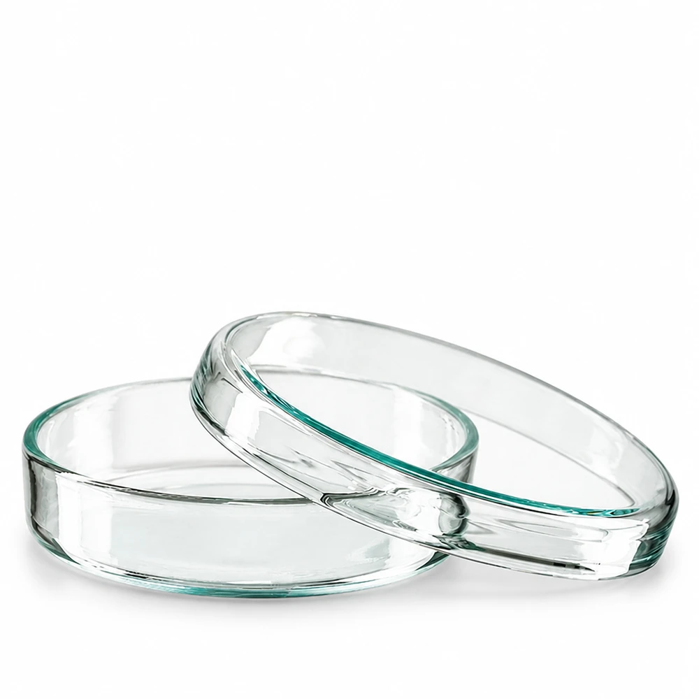 Petriskål i glas, 70 x 15 mm, genomskinlig och tom, mot vit bakgrund