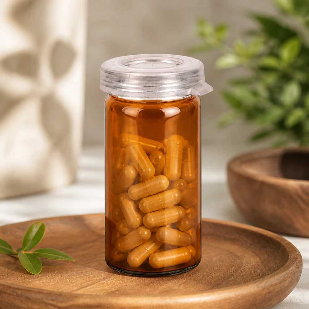 Bords-/rullburk 5ml klar med snäpplock Bärnstensfärgat glas med rullkant, 5 ml, med guldfärgade kapslar på en träbricka med naturmotiv