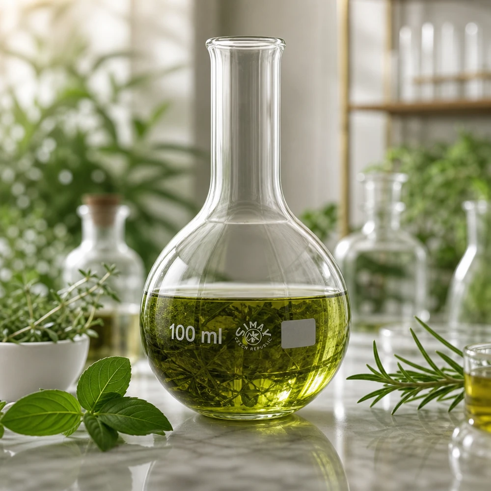 Stående kolv 100ml smal hals Kolv 100 ml med grön vätska och växtextrakt för botaniska laboratorieexperiment