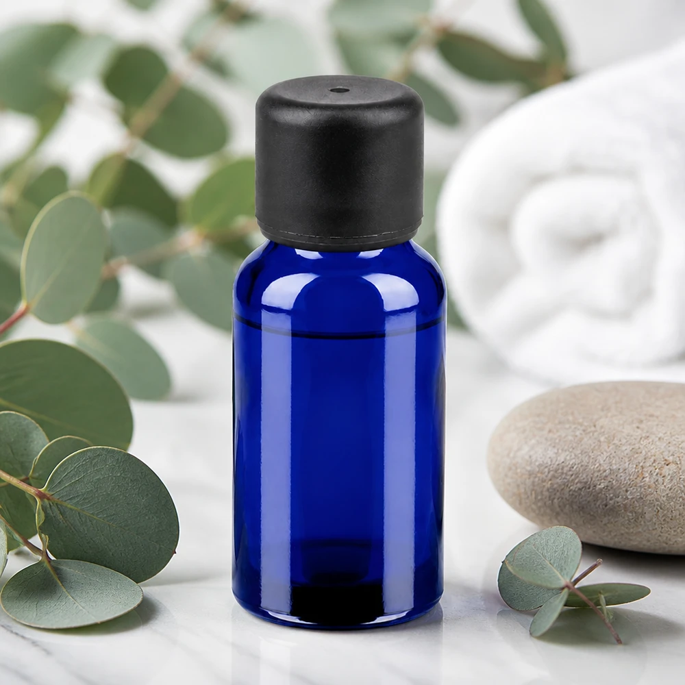 20ml flaska 6mm skruvkork svart standard BlueLine UT18/20 Högkvalitativ blå glasflaska 20 ml med svart skruvlock för exakt dosering av vätskor