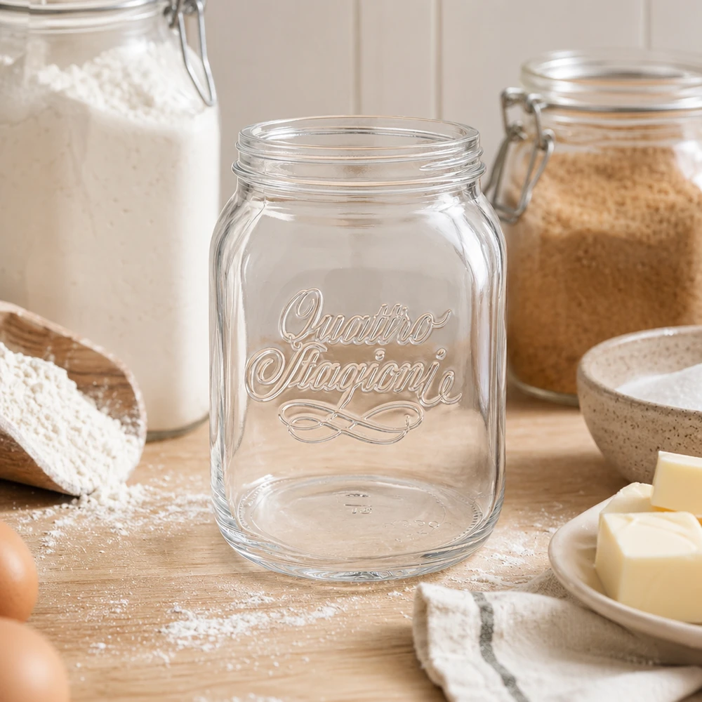 2000ml rund burk "Quattro Stagioni" QS110mm Quattro Stagioni 2000ml Vorratsglas in Küche mit Mehl und Küchenutensilien für stilvolle Lebensmittelaufbewahrung