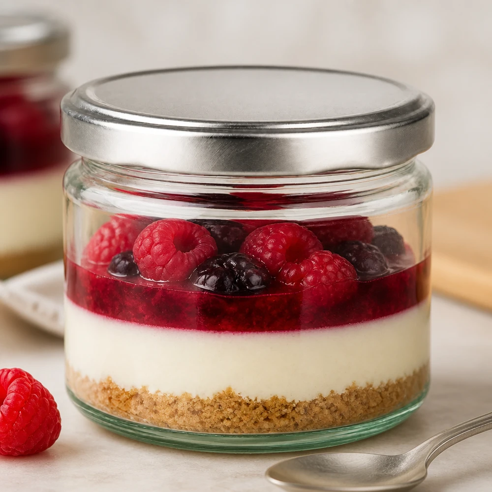 330ml rund burk med BasicSeal-lock silver UNiTWIST 330ml rund burk med BasicSeal lock silver fylld med dessert hallon blåbär cheesecake i burk