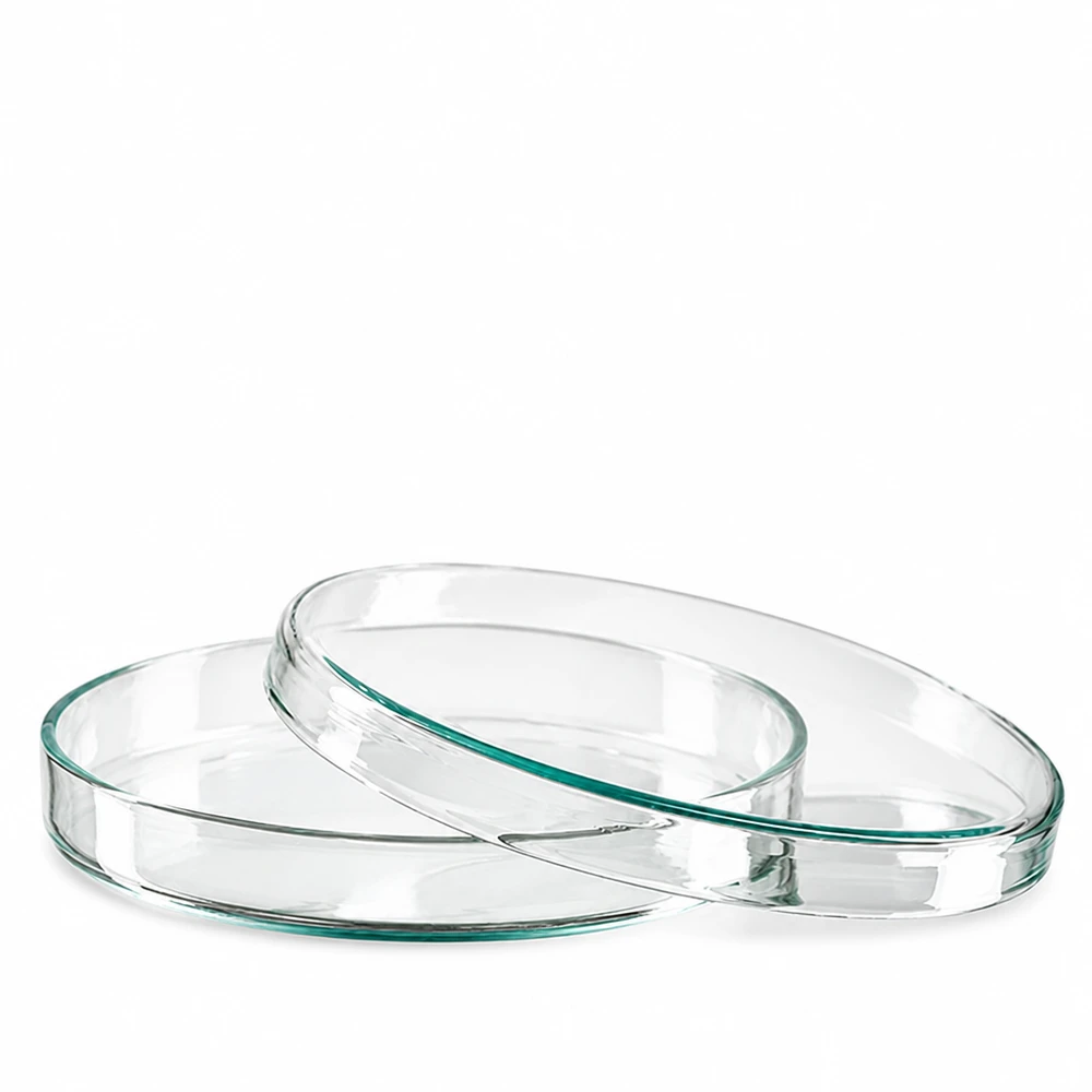 Petriskål 100x15mm glas Två runda, genomskinliga petriskålar av glas, 100 x 15 mm, staplade mot en vit bakgrund