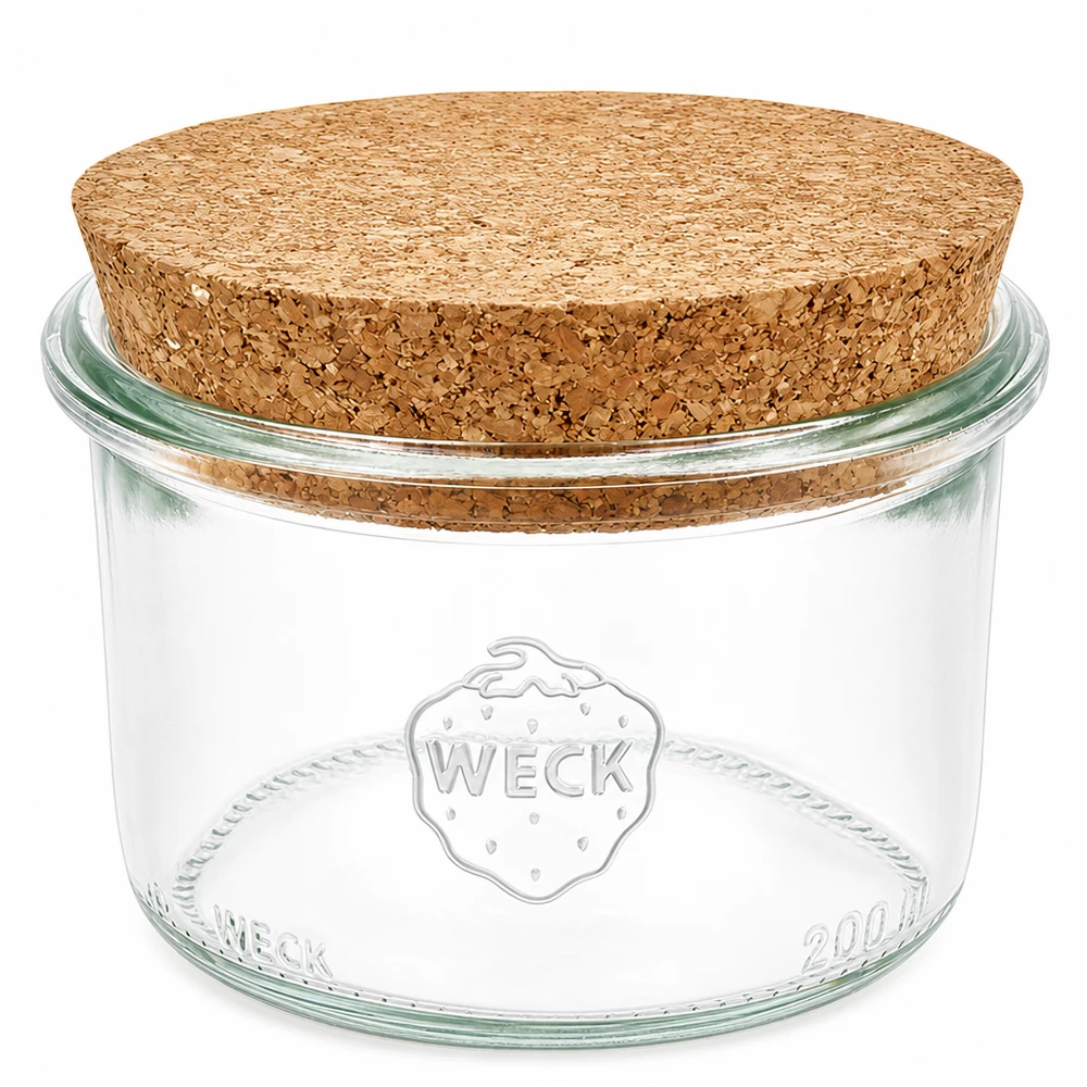 200ml Krossade glasögon WECK RR80 med kork natur WECK tummelburk 200ml RR80 med naturlig korkpropp transparent konserveringsburk förvaringsburk