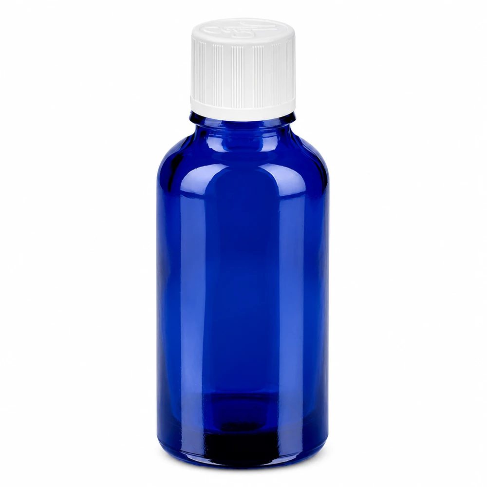 30 ml blå glasflaska med vitt lock för eteriska oljor och kosmetika