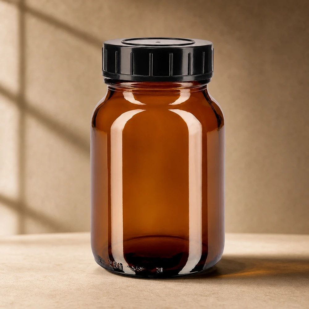 250ml bärnstensfärgad flaska med bred hals och skruvkork Premium bärnstensfärgad glasflaska med vid hals 250 ml och barnsäkert skruvlock för medicinskåp