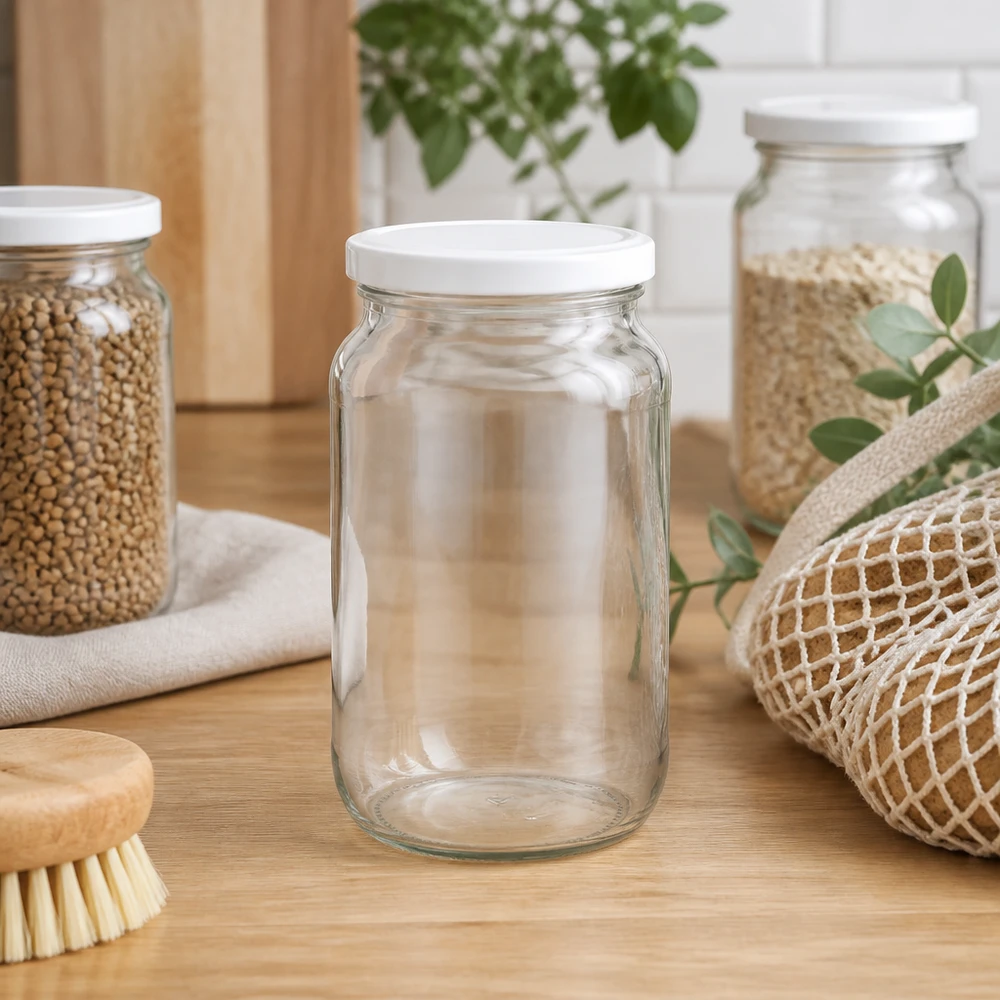 1062ml rund burk med BasicSeal-lock vit UNiTWIST 1062ml rund burk BasicSeal lock tom på köksbänken med förvaringsburkar och köksredskap Zero waste-kök